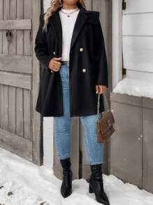 SHEIN LUNE Plus Size Solid Color Long Sleeve Front Button Waist Tie Lapel Collar Jacket, Casual Daily