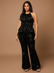 SHEIN BAE 大码秋季优雅外出性感派对女士黑色天鹅绒亮片喇叭裤派对万圣节生日派对酒吧 - 黑色 - 查看 7