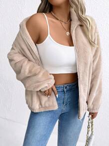 SHEIN LUNE 大码纯色前拉链长袖夹克，日常休闲