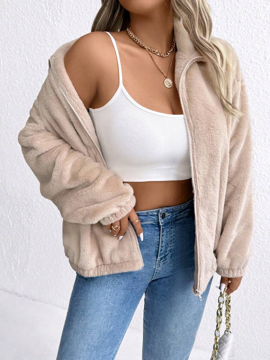 SHEIN LUNE 大码纯色前拉链长袖夹克，日常休闲