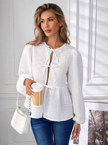 SHEIN Clasi 女式休闲长袖衬衫，带结饰和荷叶边下摆，适合秋季 - 白色 - 查看 6