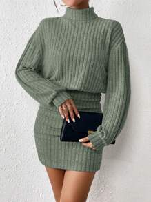 SHEIN Frenchy Đầm ôm sát vải họa tiết cổ lọ trễ vai nhún bèo - màu xanh lá - Xem 6