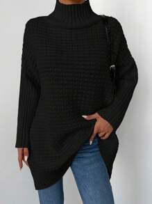 EURMUSE Plus Size Solid Color Stand Collar Sweater, Casual Wear Fall/Winter Clothes - Black - View 5