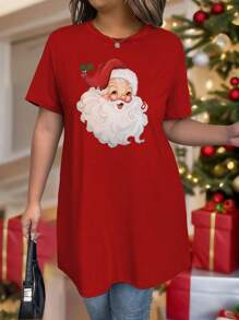 Flirla Plus Size Christmas Loose Crew Neck Dress For New Year Clothes