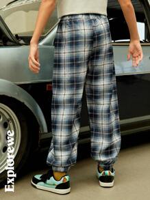 SHEIN Tween Boy Casual Graphic Number Print Plaid Jogger Pants - Dusty Blue - View 2