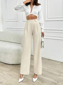SHEIN Pantalon large taille haute couleur unie pour femmes