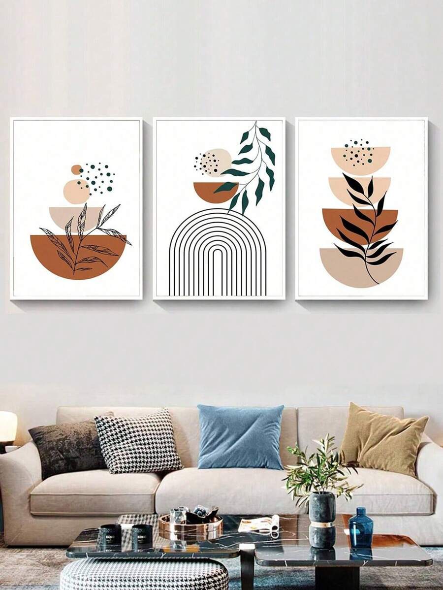 Juego de 3 impresiones abstractas de estilo bohemio, decoración del hogar de mediados de siglo, arte de línea botánica, diseño de arte de pared geométrico, paleta de colores terracota, juego de arte minimalista moderno para decoración de pared en la sala de estar, decoración de otoño en el hogar, sin marco, regalo navideño - Multicolor - Ver 1