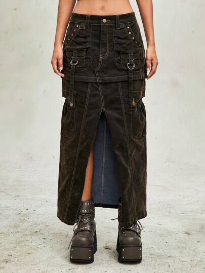 Grunge Punk Distressed Wash Detachable Versatile Long Denim Skirt For Women
