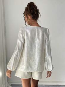 Chiquease Solid V-Neck Lantern Sleeve Elastic Fit Women Blouse - Apricot - View 2