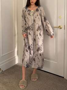 DAZY Splatter Print Pleated Loose Nightgown Pajama - Khaki - View 1