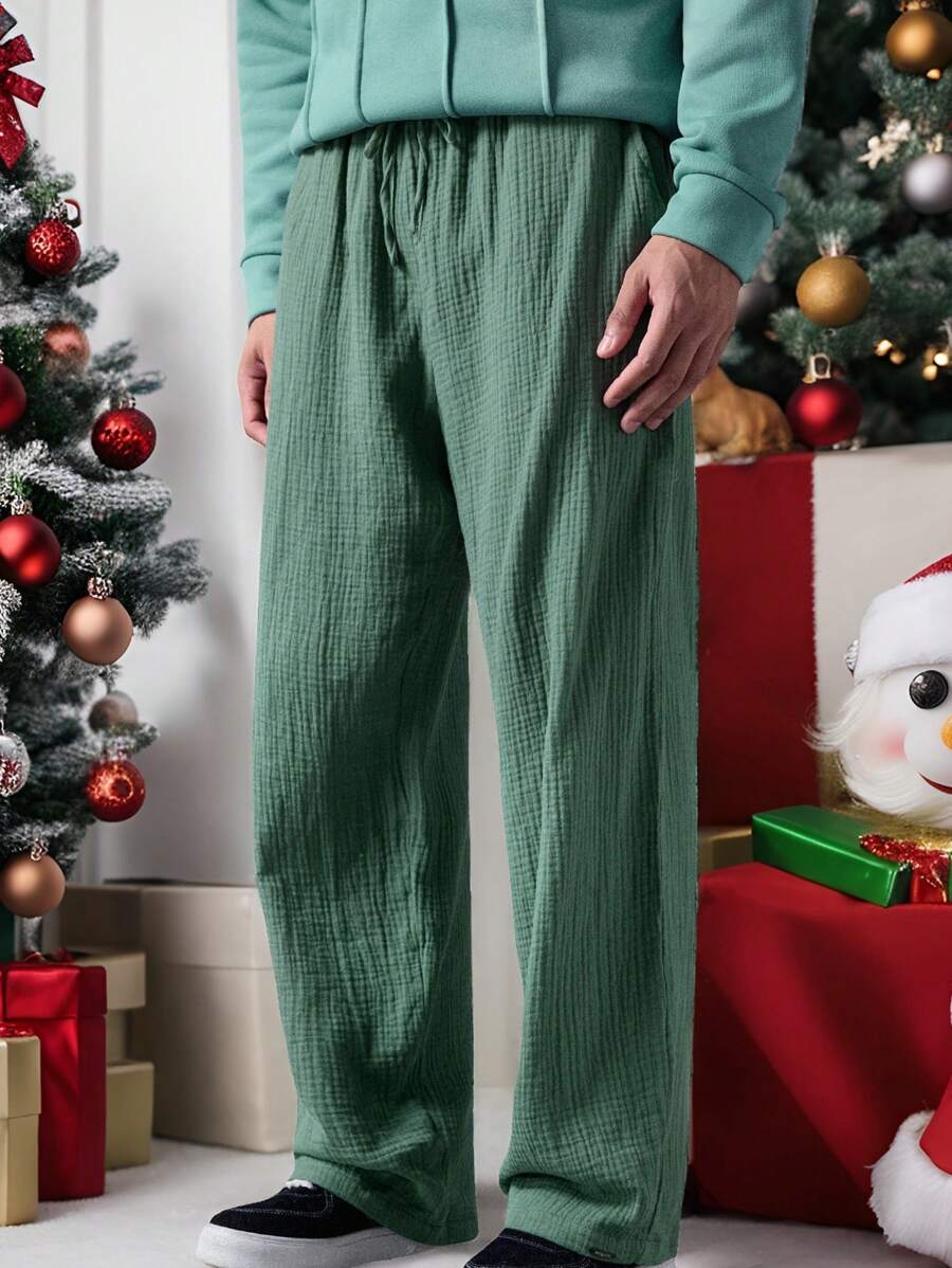Mainfolk Men's Casual Loose Fit Solid Color Patch Elastic Waist Straight Leg Woven Pants - Khaki - View 1