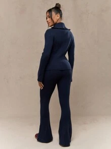 MISSGUIDED Ribbed Knit Zip Front Two Piece Outfit Winter Fall Long Sleeve Bell Bottom Pant Set Contemporary Loungewear Athleisure Activewear Co-Ord - Navy Blue - View 2