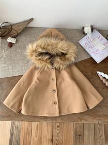 SHEIN LMoss Kids LMoss Baby Girl Khaki Hooded Jacket, Suitable For Back To School, Outdoor And Party Occasions, Autumn/Winter - Khaki - View 1