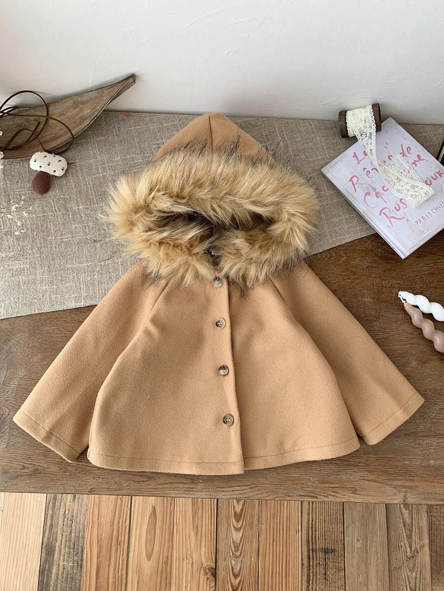 SHEIN LMoss Kids LMoss Baby Girl Khaki Hooded Jacket, Suitable For Back To School, Outdoor And Party Occasions, Autumn/Winter - Khaki - View 1