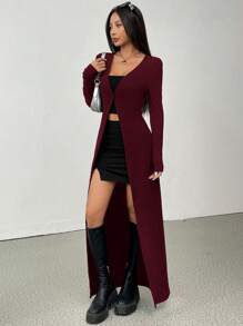 SHEIN EZwear Chaqueta casual larga con botones y ajuste ceñido, de unicolor, para otoño