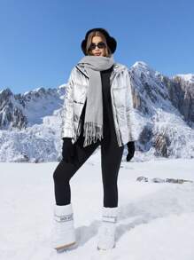 SHEIN EZwear Silver Women's Loose Fit Long Sleeve Zip-Up Stand Collar Padded Coat