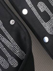 Tween Girls' Black & White Ribbed Long Sleeve Silver Rhinestone Four-Button Hem Jacket - Black - View 7