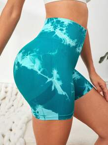 Core Rhythm 扎染宽腰运动短裤女士运动短裤、健身短裤、骑行短裤 - 青碧色 - 查看 6