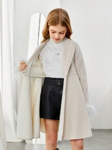 SHEIN Abrigo de manga larga con cuello vuelto, talle ceñido y aplique de borreguito para niñas preadolescentes, estilo casual y minimalista, cómodo, para Navidad