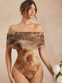 L'Amorae Abstract Floral Print Fold Over Sleeveless Bodysuit - Brown - View 1