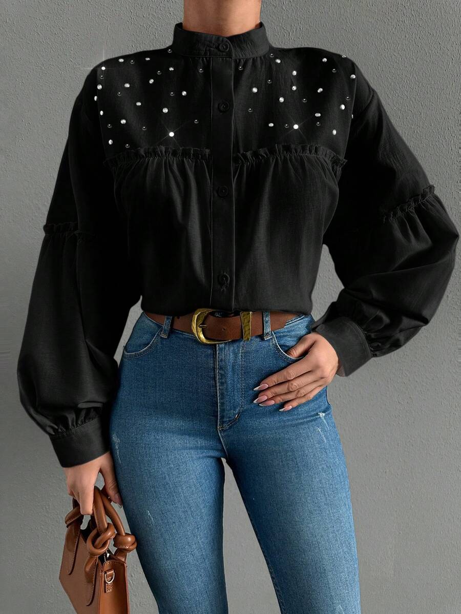 EURMUSE 100%Cotton Women's Solid Color Minimalist Everyday Long Sleeve Shirt With Rhinestone Pleating - Black - View 1