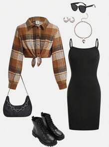 SHEIN Tween Girl Plaid Button-Up Shirt And Fitted Strap Dress 2pcs Set