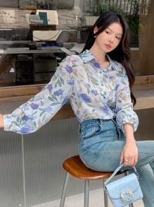 DAZY 花卉印花雪纺长袖女式衬衫 - 淺藍色 - 查看 4