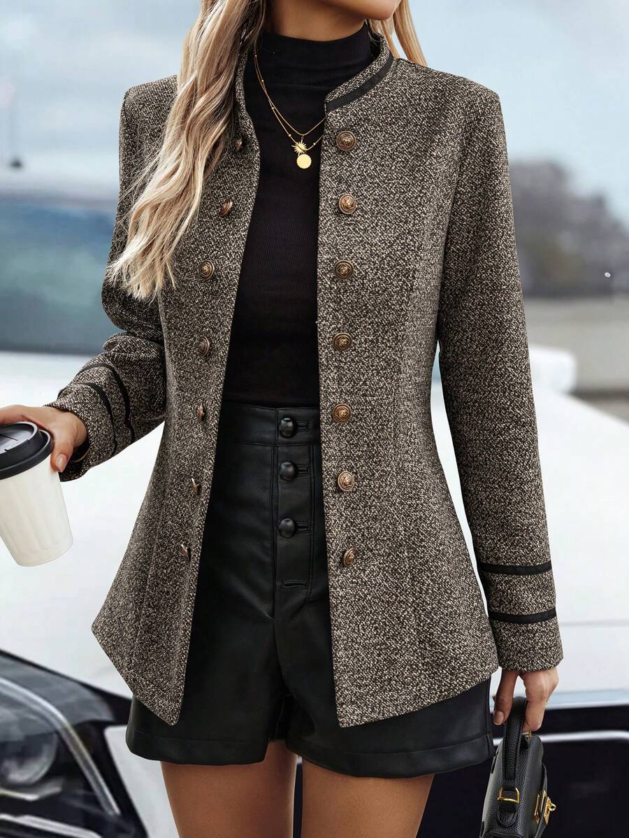 EMERY ROSE Women Contrast Trim Double-Breasted Long Sleeve Regular Blazer Fall Winter Cloth For Women - Brown - View 1