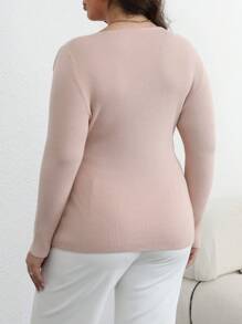 SHEIN Clasi 大码V领毛衣，饰有O形环，休闲优雅针织套头衫，适合秋冬季节穿着。 - 杏色 - 查看 2