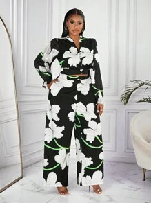Slaydiva Premium High-End Plus Size Women 2pcs Set, Floral Print Blouse & Palazzo Pants - Multicolor - View 9