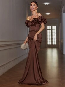 GENKIRA 女士优雅露肩高腰褶皱长款晚礼服，商务正式派对礼服，带有精致的 3D 花卉装饰 - 咖啡棕 - 查看 6