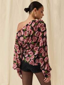 COSMINA Romantic Flower Print Off-Shoulder Shirt, Women's Shirt, Rose Decorated Shirt,Women's Autumn Casual Elegant Floral Print Asymmetric Collar Lantern Sleeve Shirt - Multicolor - View 2