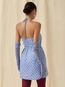 COSMINA Dames Vintage Stijl Polka Dot 3D Bloemen Decor Halter Hals Mini Jurk