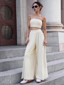 SHEIN Essnce Bộ đồ nữ thu đông 2024 Quần ống rộng thường ngày + Áo ngực đệm ống + Áo len cardigan dài tay xẻ tà dài thêm cho nữ Bộ ba món, Đồ mặc nhà rộng rãi và thường ngày, Bộ ba món dài thoải mái và thân thiện với da - Màu be - Xem 3