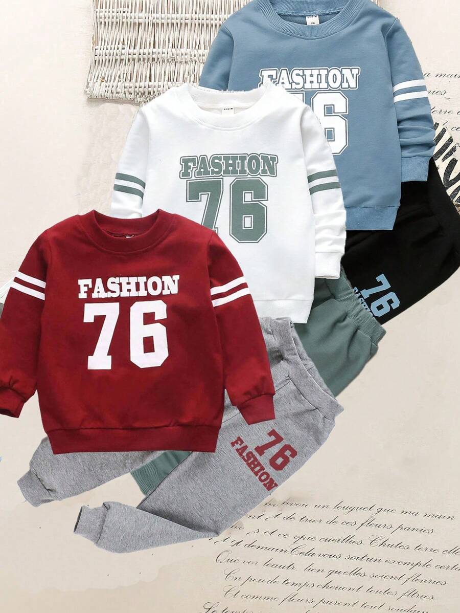SHEIN 年轻男孩 6 件套休闲运动学院街头风格可爱 76 数字字母印花运动衫和长裤，适合日常穿着、学校、户外、运动、春秋季节的衣服 - 彩色 - 查看 1