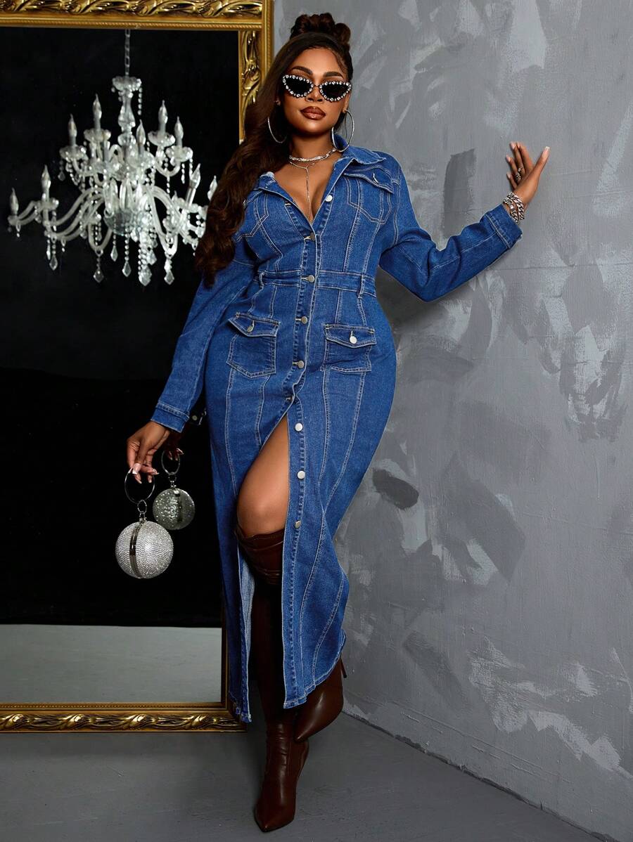 Slaydiva Plus Size Casual Front Button Long Denim Dress For Autumn