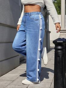 SHEIN EZwear 大码休闲洗水牛仔裤，带蝴蝶结装饰，宽松版型，适合秋季 - 藍色 - 查看 4