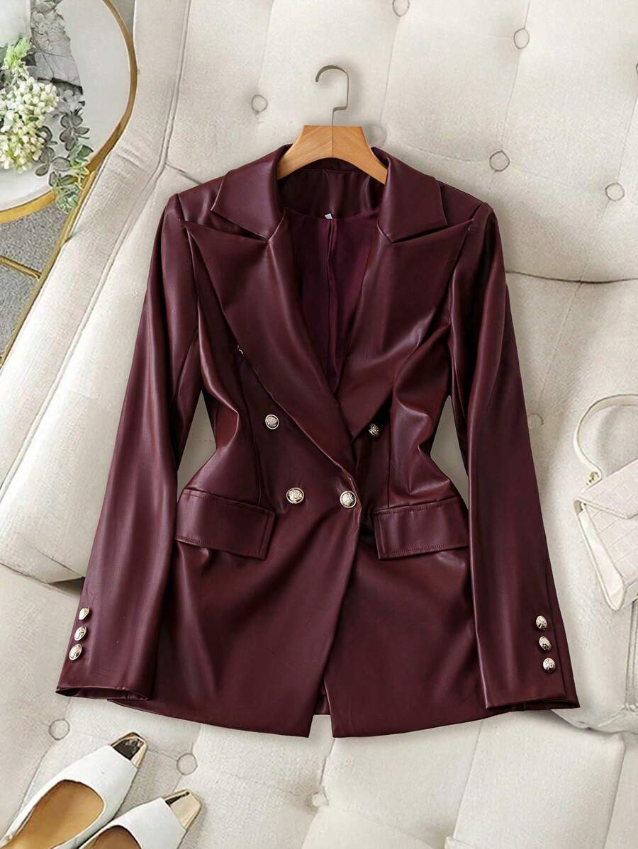 Franclia 女士宽松休闲PU皮革外套，适合新年服装，秋季女装 - 玫瑰紅 - 查看 1