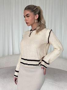 Chiquease Casual Textured Knit Crew Neck Loose Sweater, Suitable For Autumn/Winter, Knit Pullover Fall - White - View 3