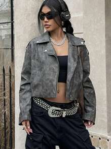 SHEIN EZwear Women's New Vintage Leather Motorcycle Jacket