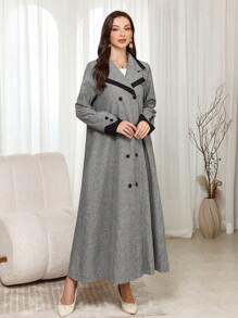 Modelyn 女士编织纯灰色拼接翻领纽扣长袖 A 字形大衣 - 灰色 - 查看 6