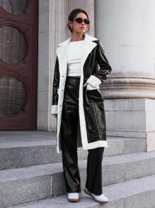 SHEIN Essnce 冬季长袖仿皮大衣，内衬羊羔绒，休闲日常复古翻领双口袋设计，适合冬季感恩节的时尚街头风穿搭。 - 黑與白 - 查看 5