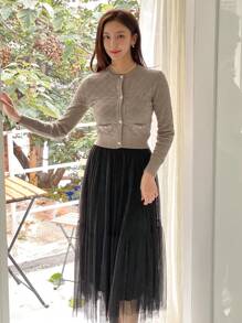 DAZY Set de 2 piezas Top de camiseta y Cárdigan de unicolor para mujer, ropa de otoño Suéter de mujer