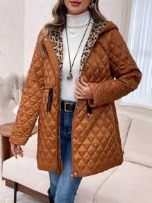 EMERY ROSE Women's Drawstring Waist Zip-Up Quilted Hooded Coat - Brown - View 3