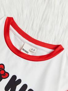 HELLO KITTY AND FRIENDS | SHEIN 2 件装少女可爱休闲卡通蝴蝶结图案长袖 T 恤和全身印花长裤睡衣套装 - 紅白色 - 查看 4