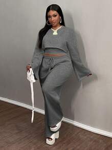 Slaydiva 2024 New 3Pcs Set: Casual Solid Color Long Sleeve Cropped Top, Spaghetti Strap Camisole, Loose Fit Pants For Plus Size Women - Dark Grey - View 4