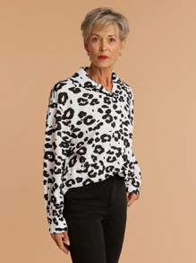 SHEIN LUNE 1 件女士秋季宽松蝙蝠袖休闲通勤豹纹衬衫 - 黑與白 - 查看 4