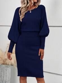 EMERY ROSE Solid Color Round Neck Long Sleeve Cinched Waist Casual Knit Sweater Dress Fall Winter Cloth For Women - Navy Blue - View 6