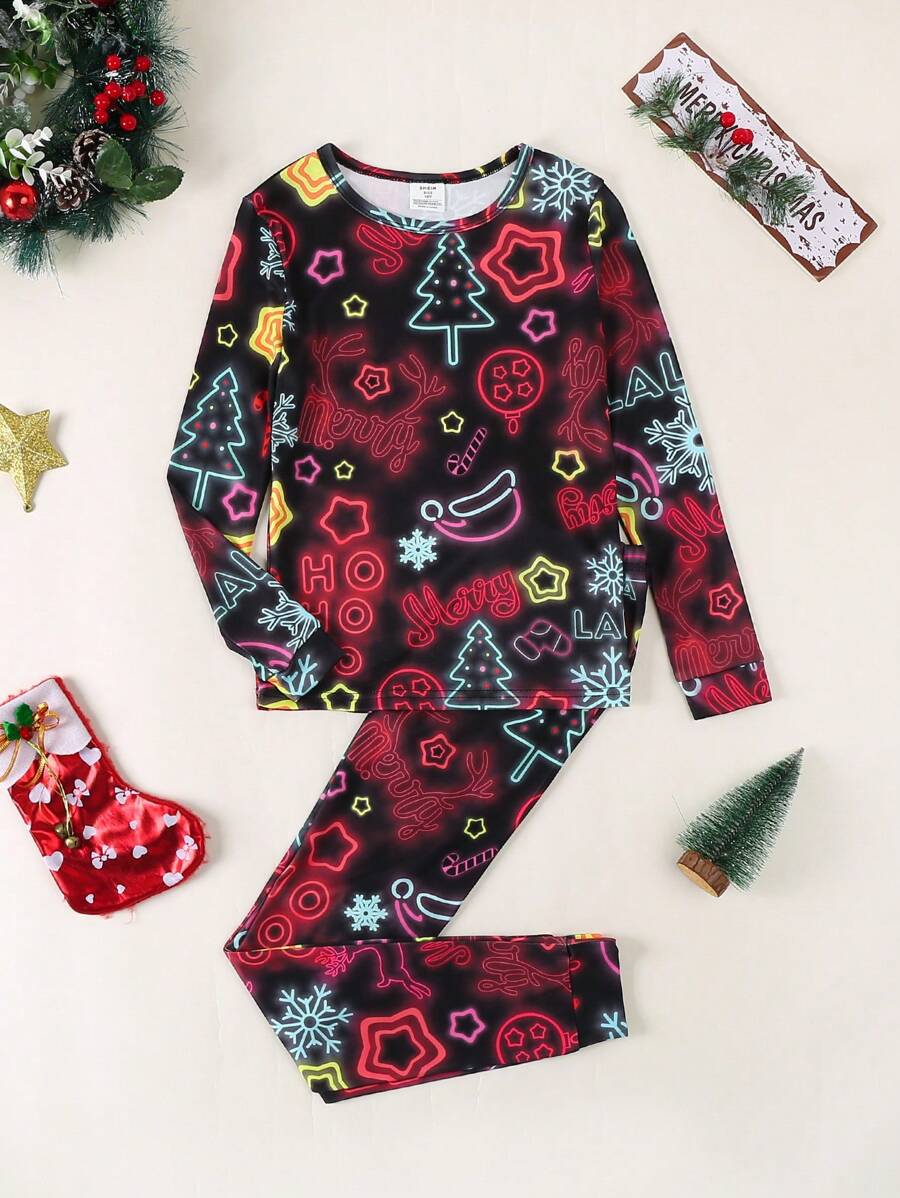 Merry Christmas Universe & Star Print Injection Letter Crew Neck Long Sleeve Top & Pants Boy Snug Fit Loungewear Set - Multicolor - View 1