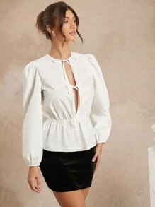 L'Amorae 1pc Solid Color Tie Front Ruffle Hem Elegant Long Sleeve Blouse - White - View 4